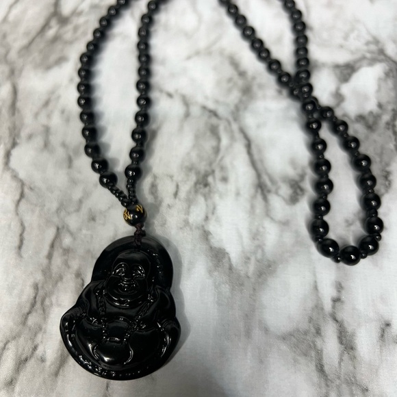 JADE obsidian Black  Hand Carved Maitreya Buddah Pendant Necklace - Picture 8 of 9